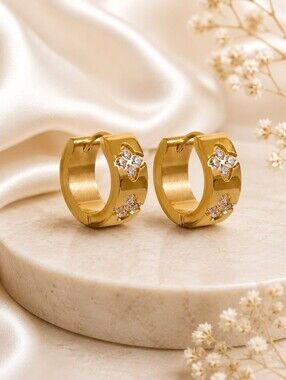 Luxury Stainless Steel Gold Floral CZ Huggie Earrings